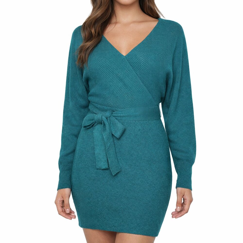 ZESICA Teal Ribbed Wrap Sweater Dress V-Neck Tie Waist Size S
